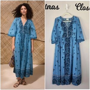 Wrap London Embroidered Fine Cotton Denim Blue Maxi Dress Size 12